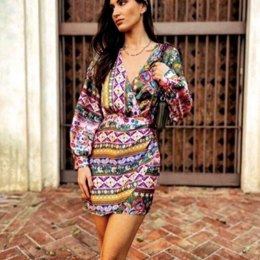 Zara multicolour sateen mini dress wrap look long sleeve dress Small